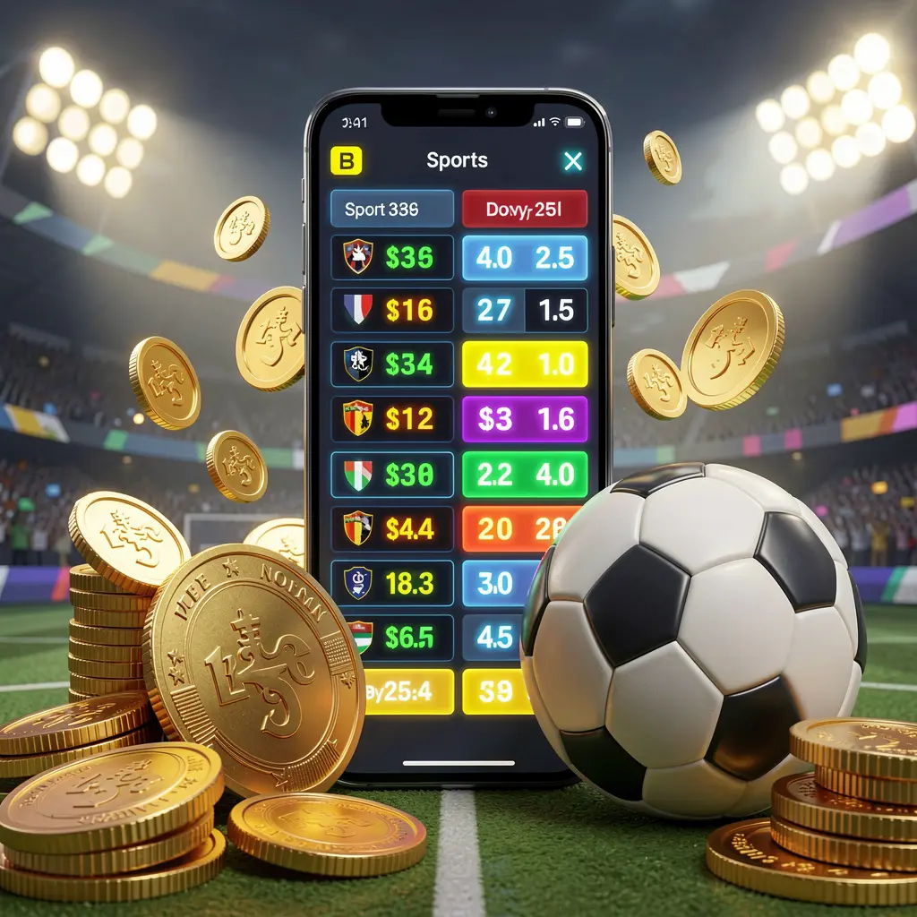 H48 modern football betting visual featuring a smartphone displaying glowing sports odds interface, surrounded by a soccer ball, golden coins, and stadium lights in a premium 3D illustration