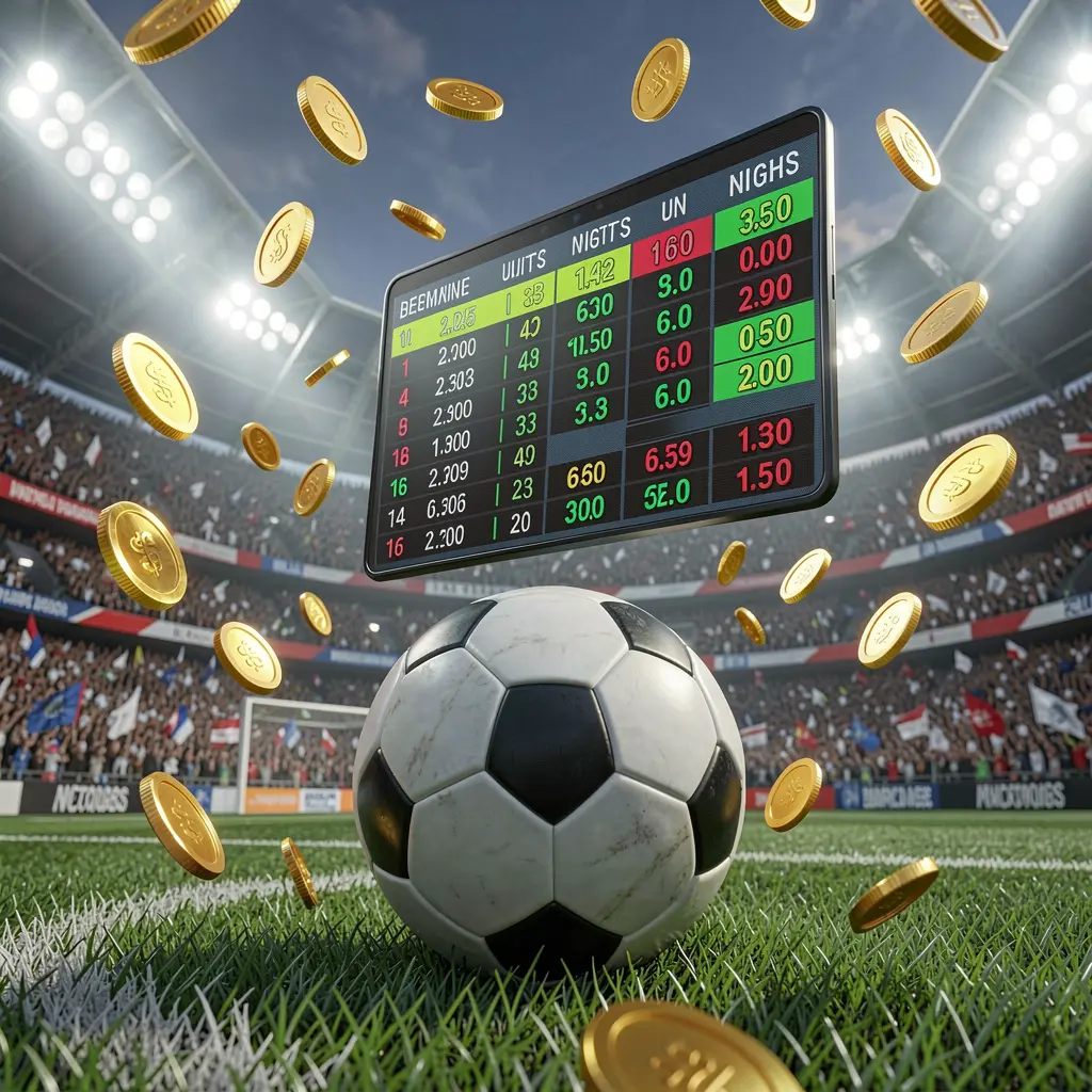 H48 sports betting page showing a packed football stadium with a soccer ball in the foreground, floating digital odds interface, and golden coins flying in a realistic 3D illustration