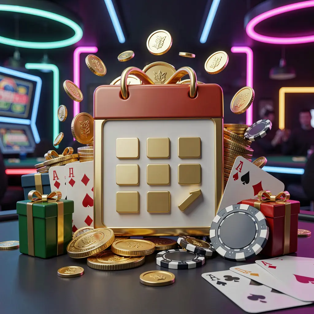 H48 weekly online casino bonus concept featuring a calendar icon surrounded by golden coins, gift boxes, poker chips, and playing cards in a festive casino atmosphere with a dark modern background and neon lights