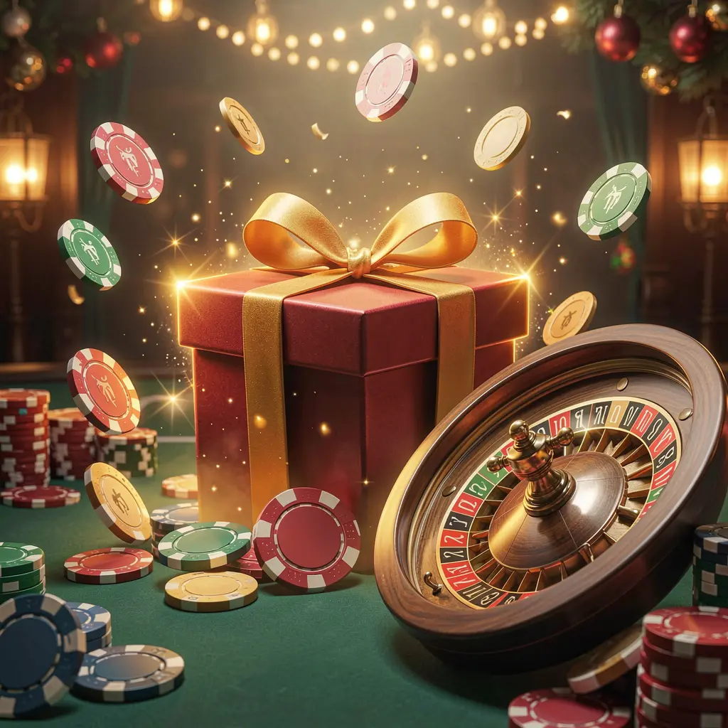 H48 welcome bonus visual featuring a glowing gift box, roulette wheel, poker chips, and flying coins in a festive casino atmosphere with cinematic lighting and high detail