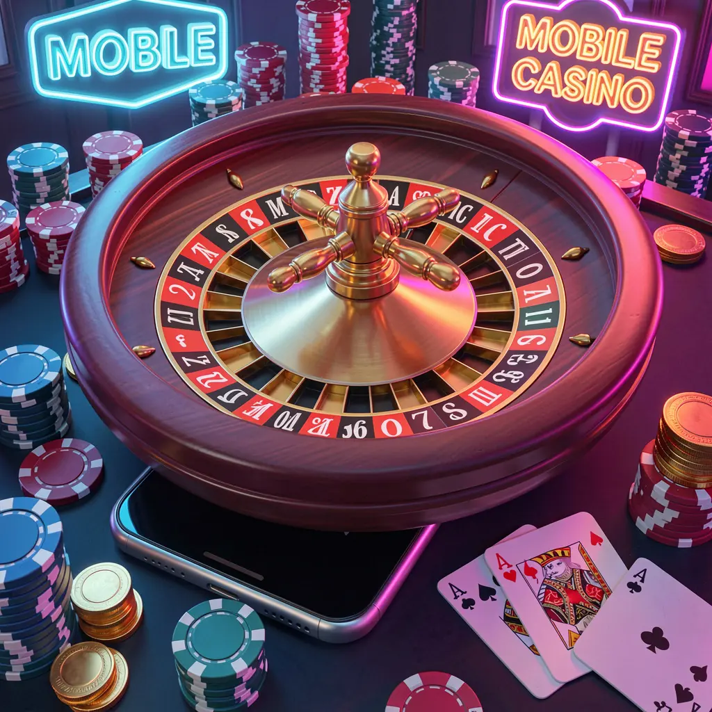 H48 mobile casino experience showing a smartphone surrounded by a roulette wheel, chips, cards, and coins in a bright neon casino atmosphere