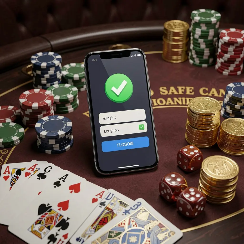 H48 safe casino login concept showing a smartphone with verification checkmark icon surrounded by chips, cards, dice, and golden coins on an elegant luxury casino table in a 3D realistic render H48 safe casino login concept showing a smartphone with verification checkmark icon surrounded by chips, cards, dice, and golden coins on an elegant luxury casino table in a 3D realistic render