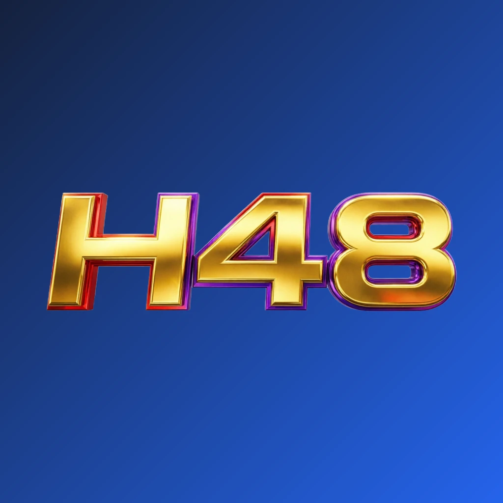 Bright premium H48 logo with thick uppercase typography in vivid gold, red, and purple colors, featuring a polished metallic finish and strong visual impact on a transparent background, designed as a wide horizontal rectangular wordmark for a website header