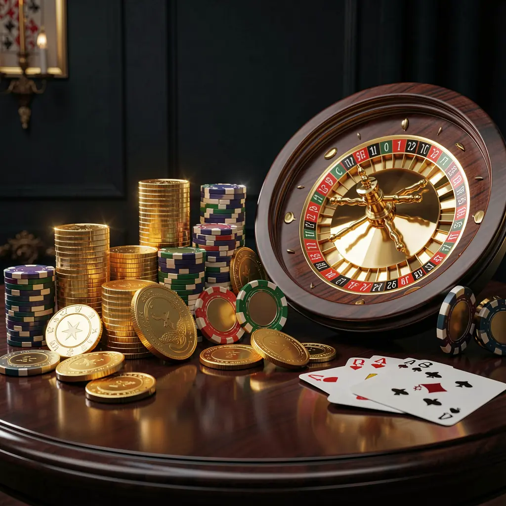H48 premium online casino banner featuring golden coins, glowing chips, roulette wheel, and cards on a glossy table with an elegant dark background in a high detail realistic 3D render